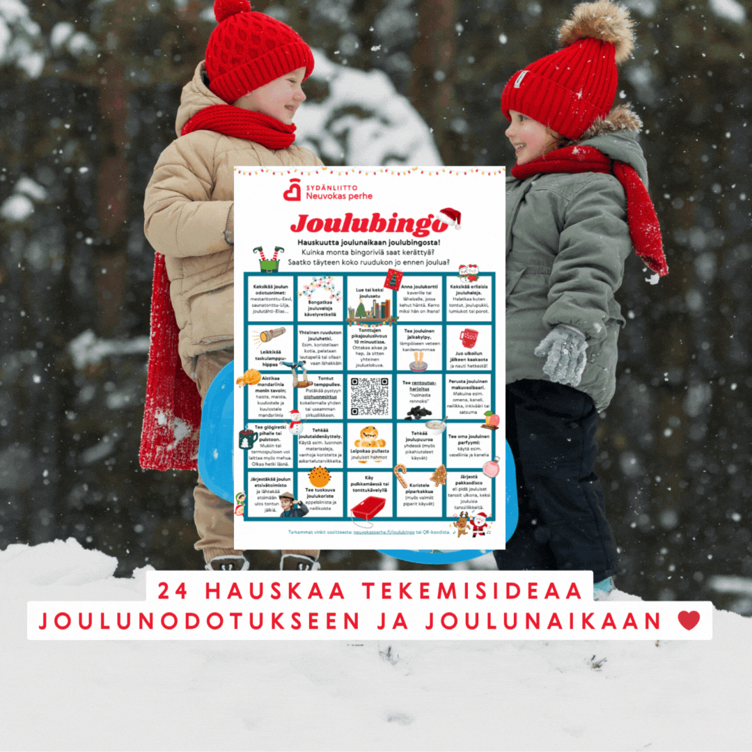 Joulubingo mainos, jossa lapset iloitsevat ulkona